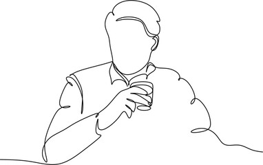 Man in a shirt drinks a wine drink from a glass - one line drawing. a taster or wine lover sips wine from a glass in an informal setting