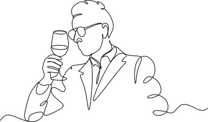 Man in a shirt drinks a wine drink from a glass - one line drawing. a taster or wine lover sips wine from a glass in an informal setting
