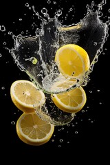Lemon slices splashing into water - created using generative AI tools