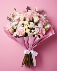 beautiful roses bouquet with pink ribbon