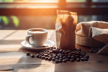 coffee beans and cup, Embrace the Morning Bliss: A Captivating Photographic Composition of a Hot Espresso Cup on a Rustic Wooden Table, Accompanied by an Open Sack of Freshly Roasted Coffee Beans