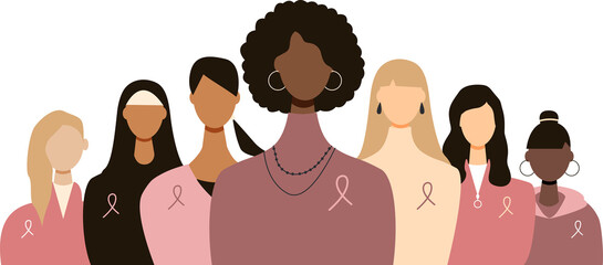 Women with ribbons. Breast cancer awareness month concept. Transparent background.