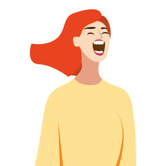Young beautiful woman is chanting. Sings or screams. The concept of support, the right to vote. Modern cartoon flat style vector illustration isolated on white.
