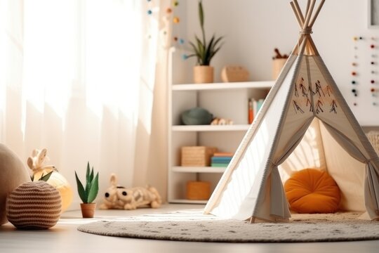 White fabric kids teepee and Native American decor in the interior of the children's room. AI generated