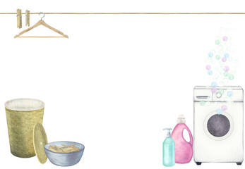 Laundry. Composition with washing machine, basket, basin, washing gel, powder, soap, hanger and clothespins. Watercolor illustration on a white background. Hand-drawn. For postcards