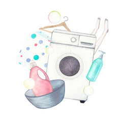 Laundry. Composition with washing machine, basin, washing gel, powder, soap, hanger and towel. Watercolor illustration on a white background. Hand-drawn. For postcards