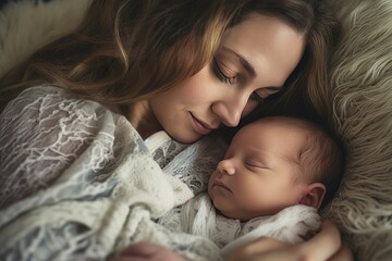 Obraz na płótnie Canvas Woman slip with adorable baby wrapped in blanket. Generative AI