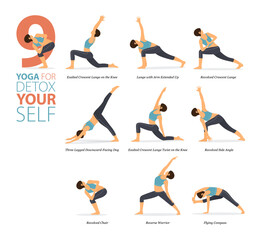 9 Yoga poses or asana posture for workout in detox yourself concept. Women exercising for body stretching. Fitness infographic. Flat cartoon vector.