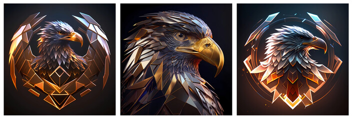 Set of eagle logos in a modern metallic finish. Generative AI.
