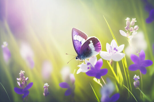 Purple butterfly on wildflowers on a blurry background. Generative AI.