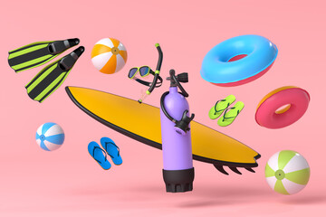 Colorful surfboard, beach ring, umbrellas and scuba mask on blue background.