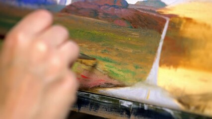 Detailed view of hand painting desert road scenery with oil paints - Powered by Adobe