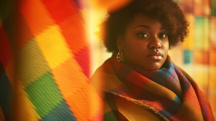 Young fat black woman blur soft colorful background