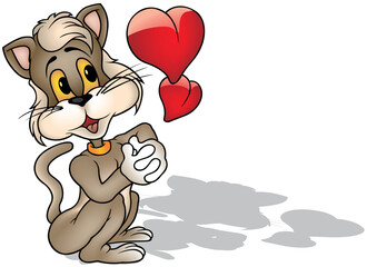 Cute Brown Kitty with Shiny Red Hearts