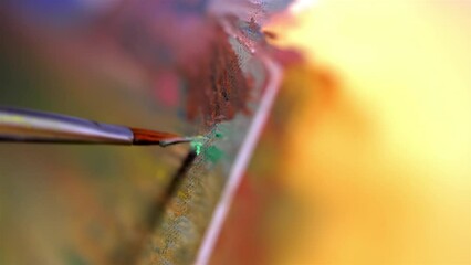 Detailed closeup of fine tip paintbrush spreading oil paint - Powered by Adobe
