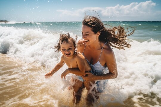 Moment between a mother and her daughter as they playfully splash in the sea. Generative AI