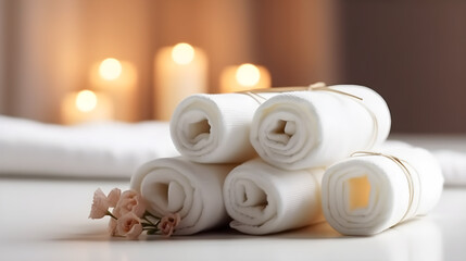 Obraz na płótnie Canvas spa still life towel with candles and orchid created with Generative AI 