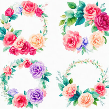 Watercolor wreaths rose flower frames with white background,Generative AI.