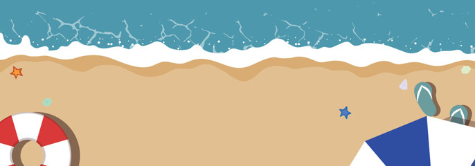 浮き輪とビーチパラソルで飾られた海辺の夏旅応援キャンペーン広告バナーテンプレート（コピースペースあり）　Summer Travel Support Campaign ad banner template decorated with floats and beach parasols (Copyspace available)