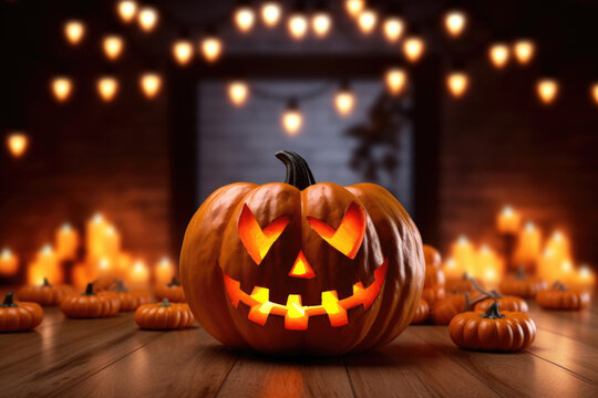 smiling Jack O Lantern pumpkins glows on an old wooden floor