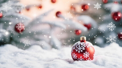 Naklejka na ściany i meble red christmas balls decoration on white snow created with Generative AI 