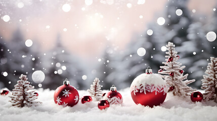 Fototapeta na wymiar red christmas balls decoration on white snow created with Generative AI 