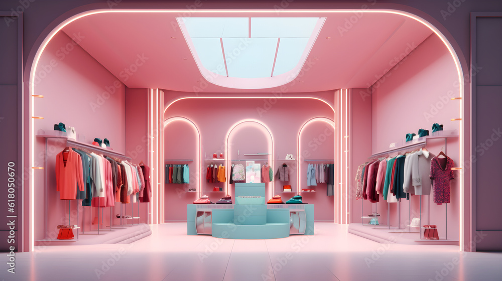 Wall mural Clothes store interior decoration pink color created with Generative AI 