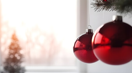 closeup of red christmas ball on tree created with Generative AI 