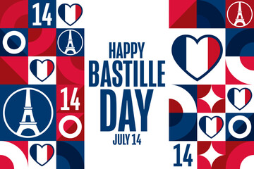Happy Bastille Day. July 14. Holiday concept. Template for background, banner, card, poster with text inscription. Vector EPS10 illustration.