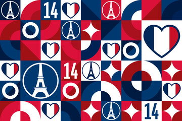 Bastille Day. July 14. Seamless geometric pattern. Template for background, banner, card, poster. Vector EPS10 illustration.