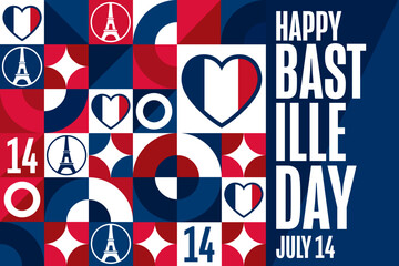 Happy Bastille Day. July 14. Holiday concept. Template for background, banner, card, poster with text inscription. Vector EPS10 illustration.