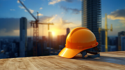 Construction helmet on a blurred background of a construction site. AI generated
