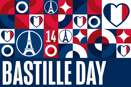 Happy Bastille Day. July 14. Holiday concept. Template for background, banner, card, poster with text inscription. Vector EPS10 illustration.
