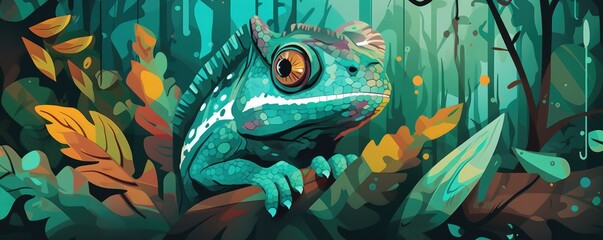 Chameleon sitting on a branch of a deciduous tree with green leaves in rain forest. Panorama. Generative Ai.