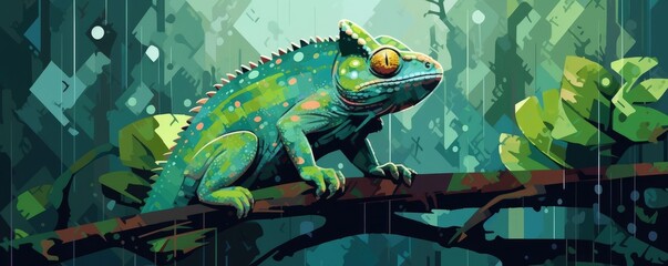 Chameleon sitting on a branch of a deciduous tree with green leaves in rain forest. Panorama. Generative Ai.