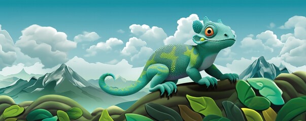 Chameleon sitting on a branch of a deciduous tree with green leaves in rain forest. Panorama. Generative Ai.