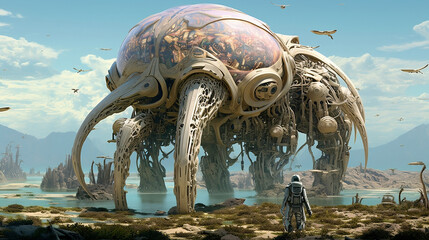 Sentient Planet: A Fusion of Biomechanical Organisms and Technological Harmony