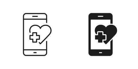 Mobile Phone Call to Ambulance Pictogram. Consultation in Cellphone, Medicine Aid Sign Collection. Emergency Medical Help in Smartphone Line and Silhouette Icon Set. Isolated Vector Illustration
