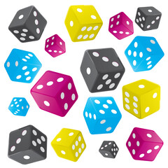 Dices with CMYK colors, decorative background. 
Illustration of Colorful Dice in print colors on the white background. Concept for presenting of color printing. Vector available.