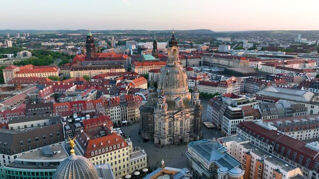 Aerial view in Dresden old town on Elbe river .Drone shot of the center of the Saxony state capital Dresden , Germany