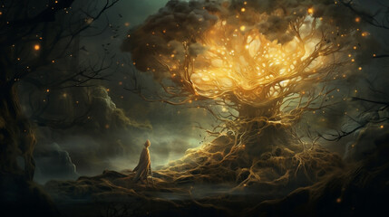 Enchanted Whispers: Mystical Forest of Carved Patterns and Ethereal Beings