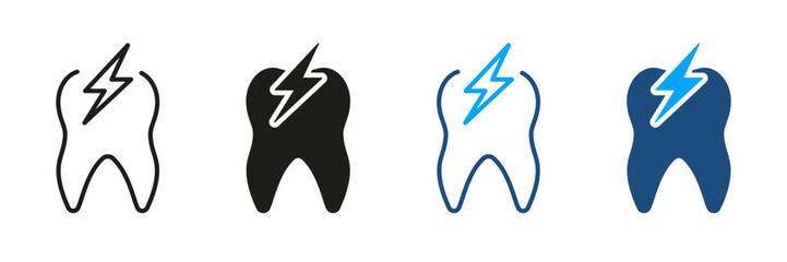Toothache, Sensitivity, Painful Teeth Silhouette and Line Icon Set. Dental Treatment. Dentistry Symbol Collection. Oral Healthcare, Tooth Ache, Pain Problem Pictogram. Isolated Vector Illustration