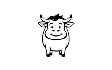Cute cow doodle line art illustration with black and white style for template.