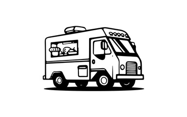Food truck doodle line art illustration with black and white style for template.