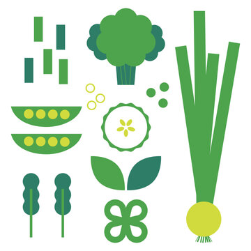 Green vegetables collection. Decorative abstract flat vector illustration with green vegetables, broccoli, green beans, onion, cucumber. Geometric modern illustration with vegetables. Eat more green.