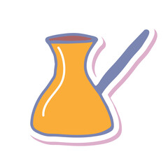 Hand drawing copper coffee pot cezve sticker. Simple logo, minimal subject picture. For greeting cards,children coloring book and seasonal design. Doodle Stock vector illustration isolated on white.