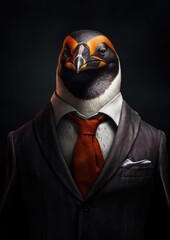 Portrait of boss penguin in dark brown suit on black background.  Generative Ai.