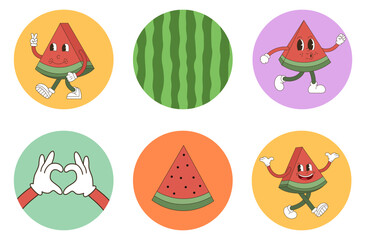 Watermelon retro cartoon posters and postcards. Comic character of summer watermelon. Social media templates, stories, posts. Groovy funky vector illustration.