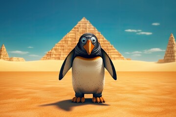 Sad penguin standing before pyramids in heats of clima change. Generative Ai. - obrazy, fototapety, plakaty