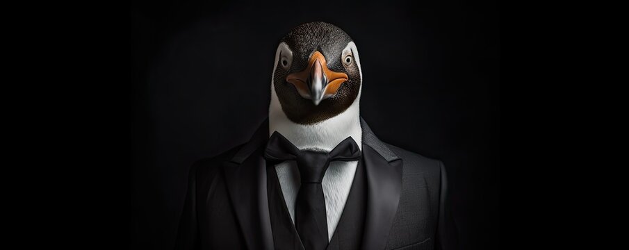 Panorama of boss penguin in dark black suit on black background. Generative Ai.